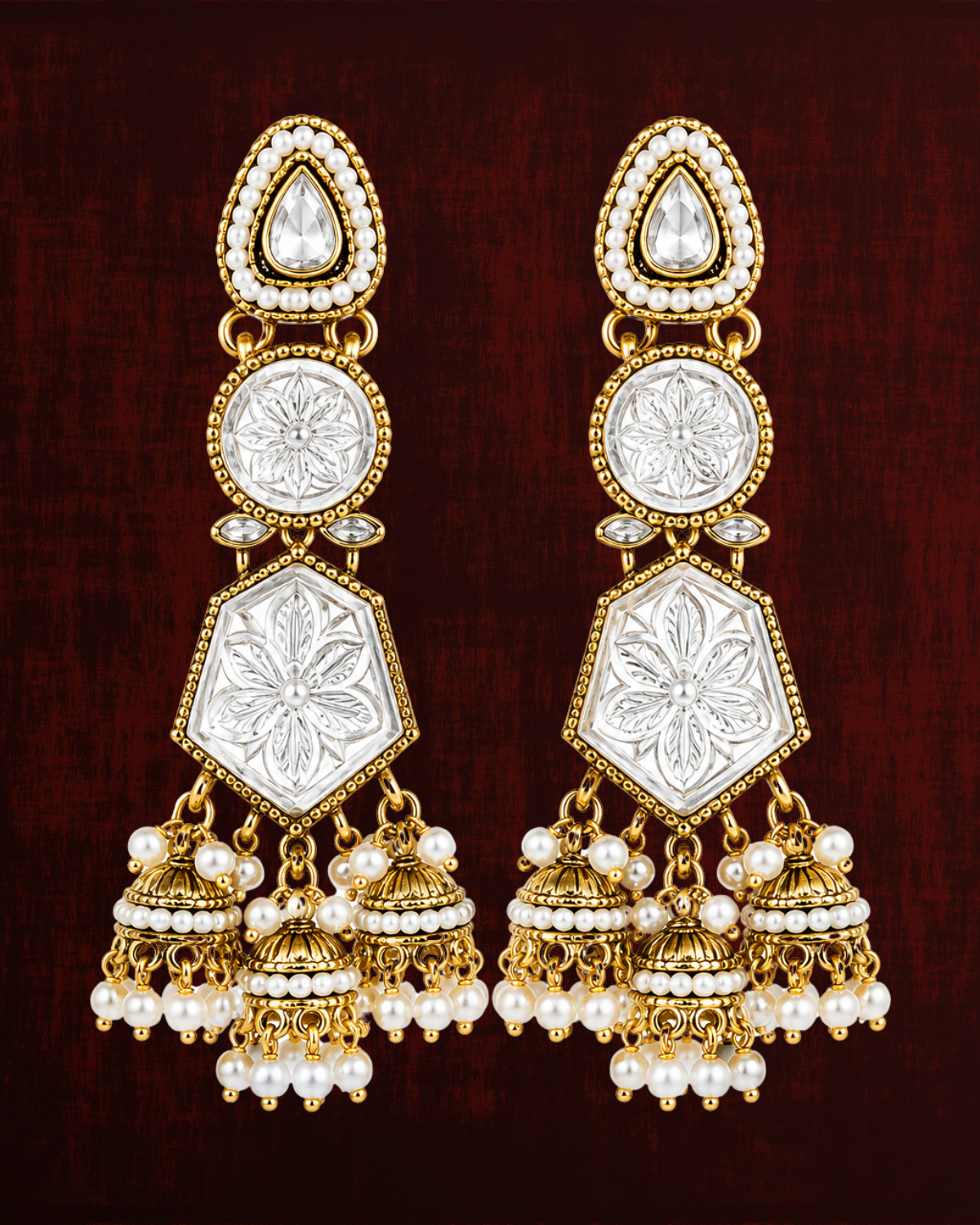 Rageshvari Fashion Gold-Plated Pastel Stone Jhumka Earrings with Pearl Drops for Women | Designer Ethnic Jewellery - Image 2