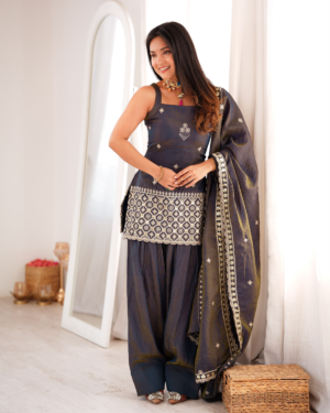 Rageshvari Fashion Embroidered Vichitra Silk Kurta Set with Farshi Shalwar