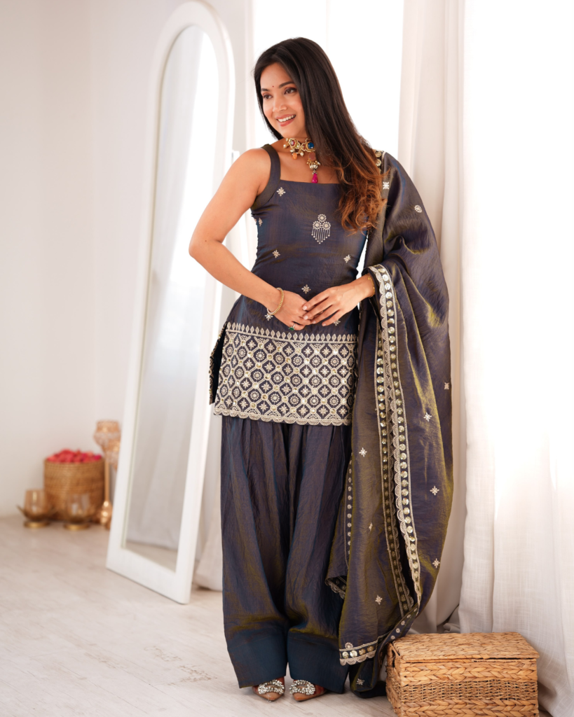 Rageshvari Fashion Embroidered Vichitra Silk Kurta Set with Farshi Shalwar