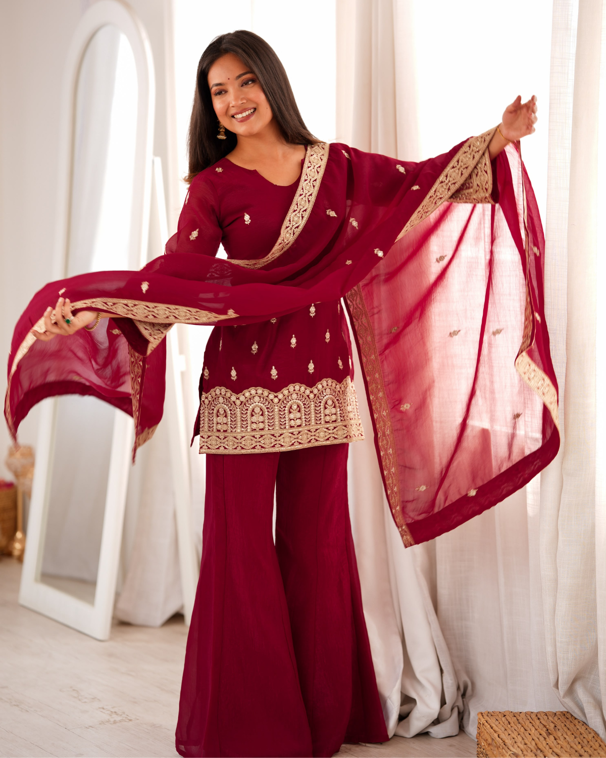 Rageshvari Fashion Maroon Crunchy Silk Embroidered Kurta Set with Bell Bottom Pants - Image 2