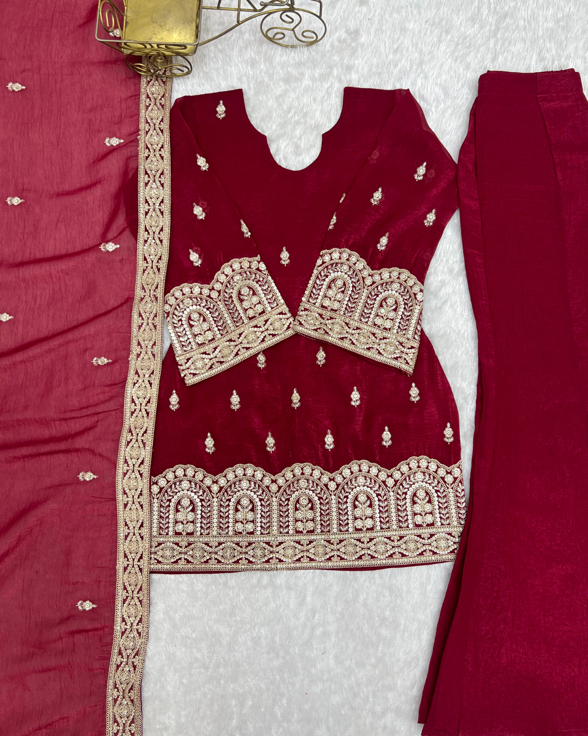 Rageshvari Fashion Maroon Crunchy Silk Embroidered Kurta Set with Bell Bottom Pants - Image 3