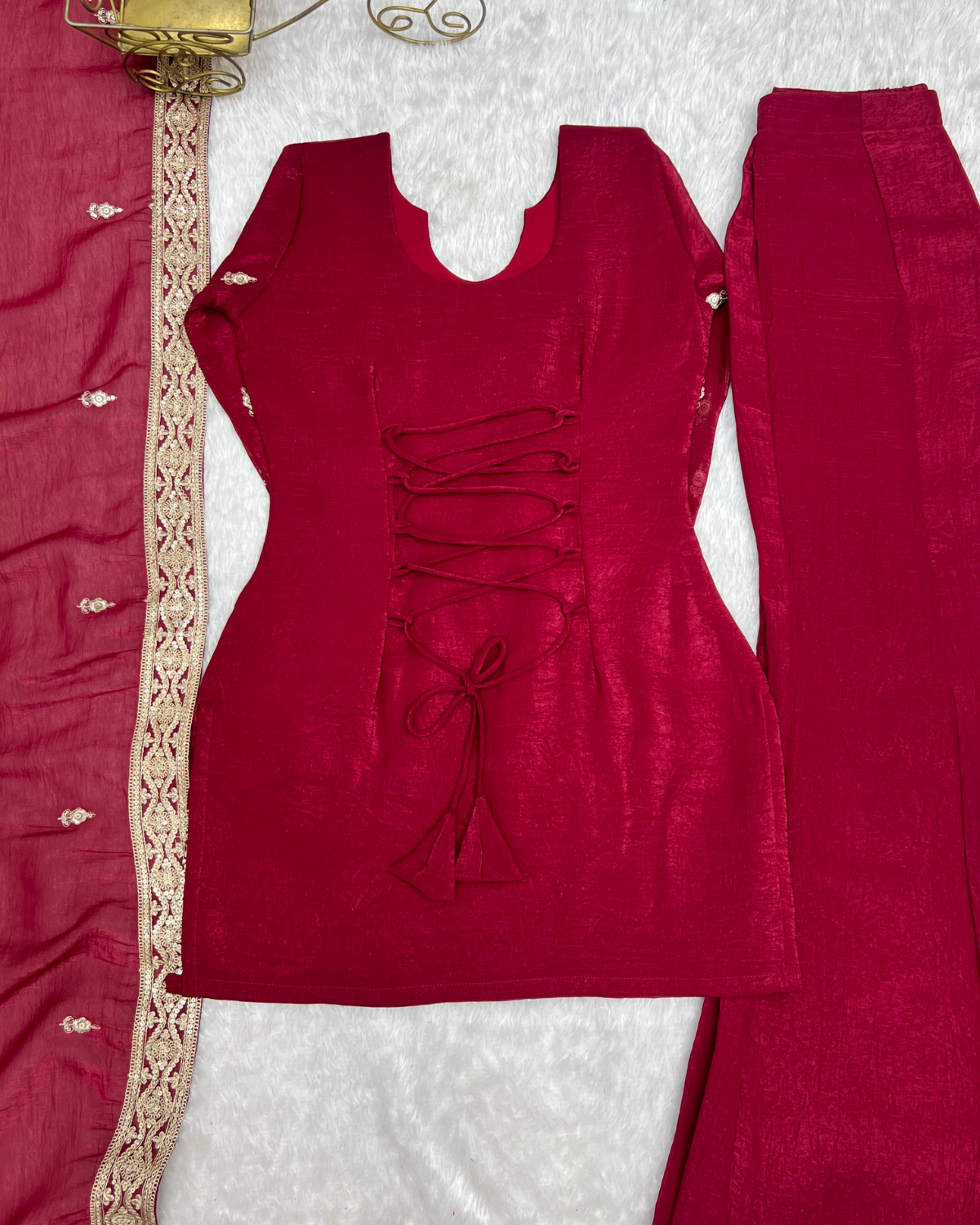 Rageshvari Fashion Maroon Crunchy Silk Embroidered Kurta Set with Bell Bottom Pants - Image 4