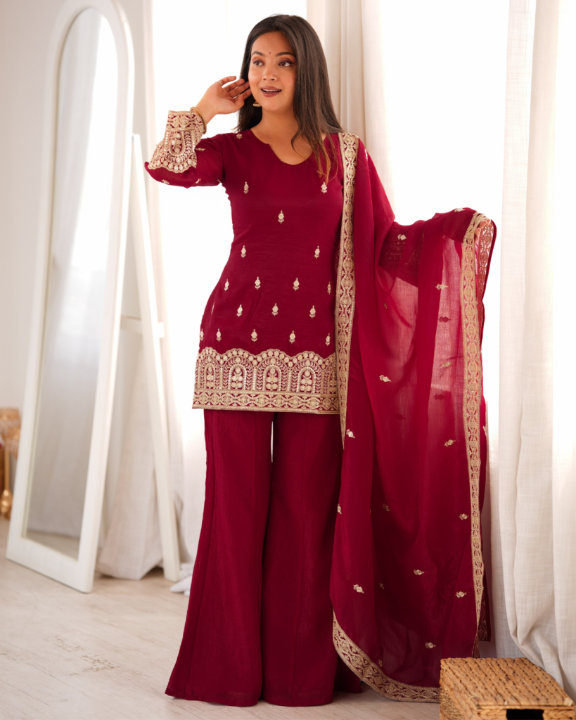 Rageshvari Fashion Maroon Crunchy Silk Embroidered Kurta Set with Bell Bottom Pants