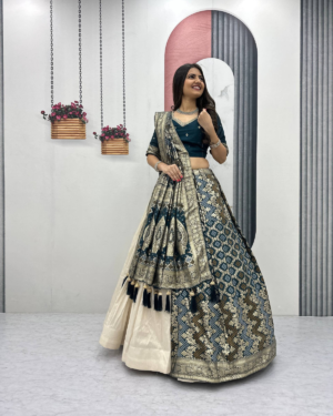 Rageshvari Creation Wedding Special Pure Shimmer Silk 4-Meter Flair Lehenga & Jacquard Saree Combo