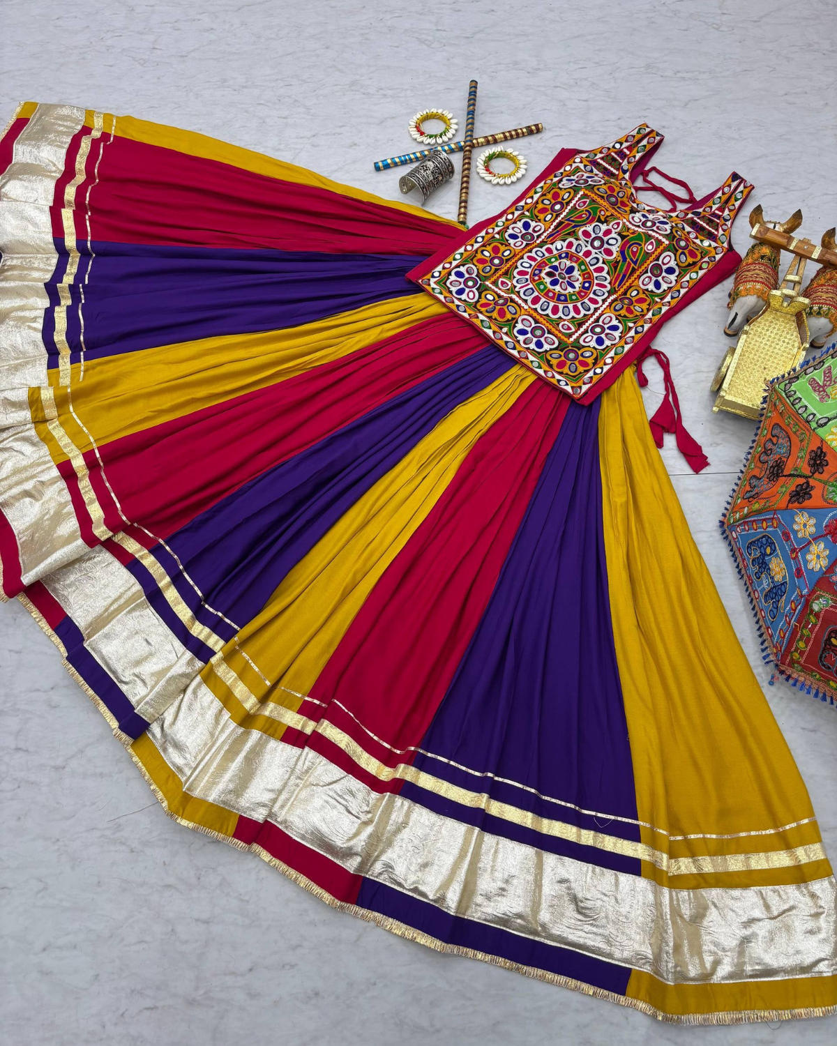 Rageshvari Creation Navratri Special Pure Cotton 6-Meter Flair Gamthi & Real Mirror Work Lehenga Choli - Image 3