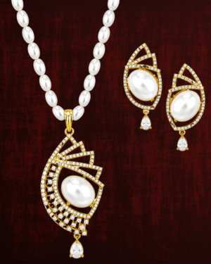 Rageshvari Fashion Gold-Plated Pearl Pendant Necklace Set with American Diamond & Matching Earrings for Women