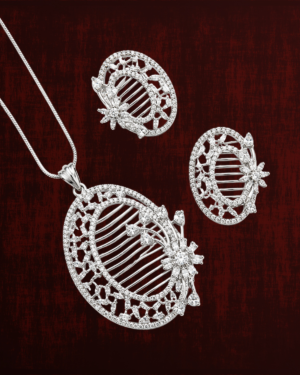 Rageshvari Fashion Silver-Tone Floral Oval Pendant Necklace Set with Matching Stud Earrings | American Diamond Jewellery Set for Women