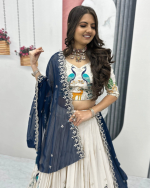Rageshvari Creation White Chinon Semi-Stitched Lehenga Choli Set with Zari Embroidery