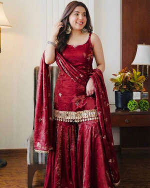 Fendy Silk Embroidered Palazzo Suit with Real Mirror Work & Dupatta