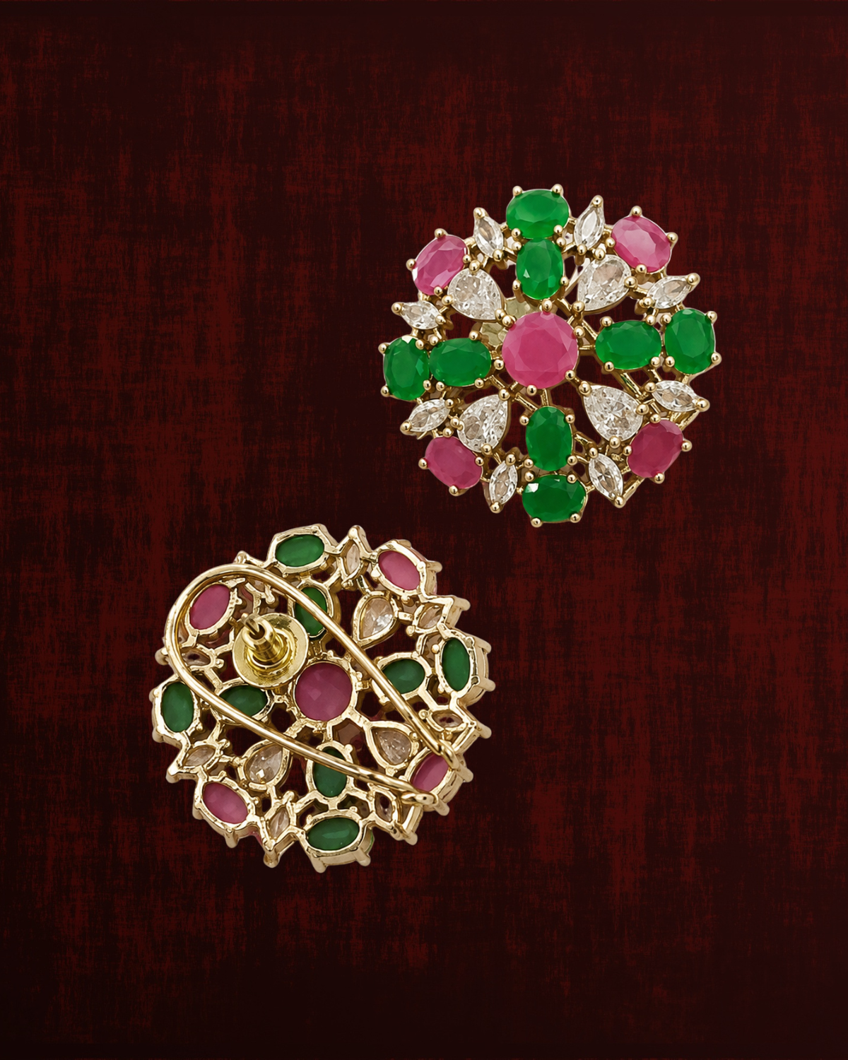 Rageshvari Fashion Gold-Plated Ruby Red American Diamond Floral Brooch Pin for Women - Image 6