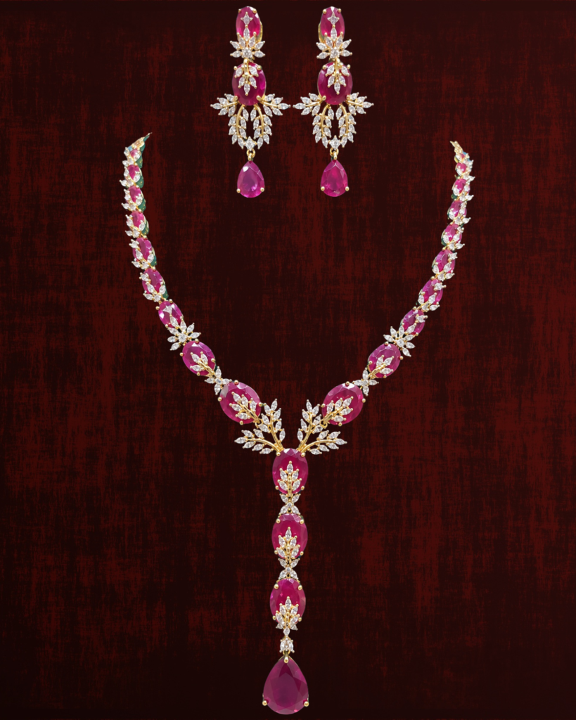 Rageshvari Fashion Gold-Plated Ruby Pink American Diamond Bridal Necklace Set with Matching Earrings for Women