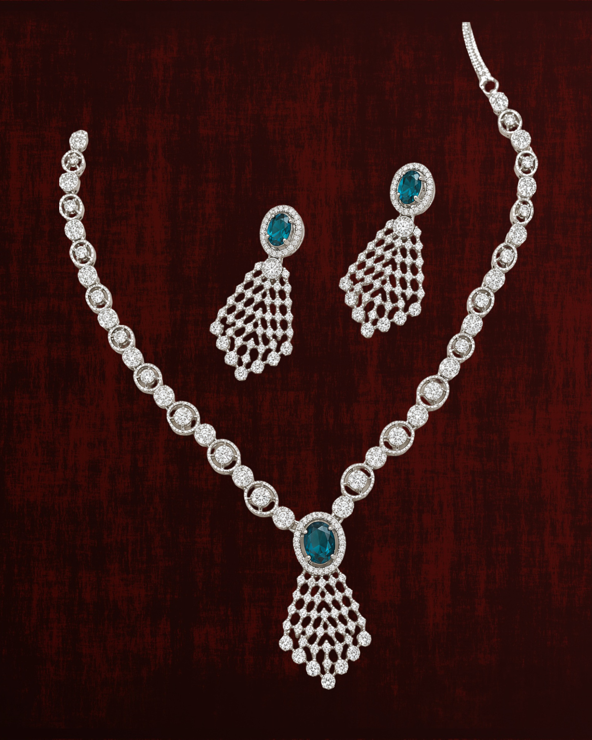 Rageshvari Fashion Silver-Plated Blue American Diamond Necklace Set with Matching Drop Earrings for Women