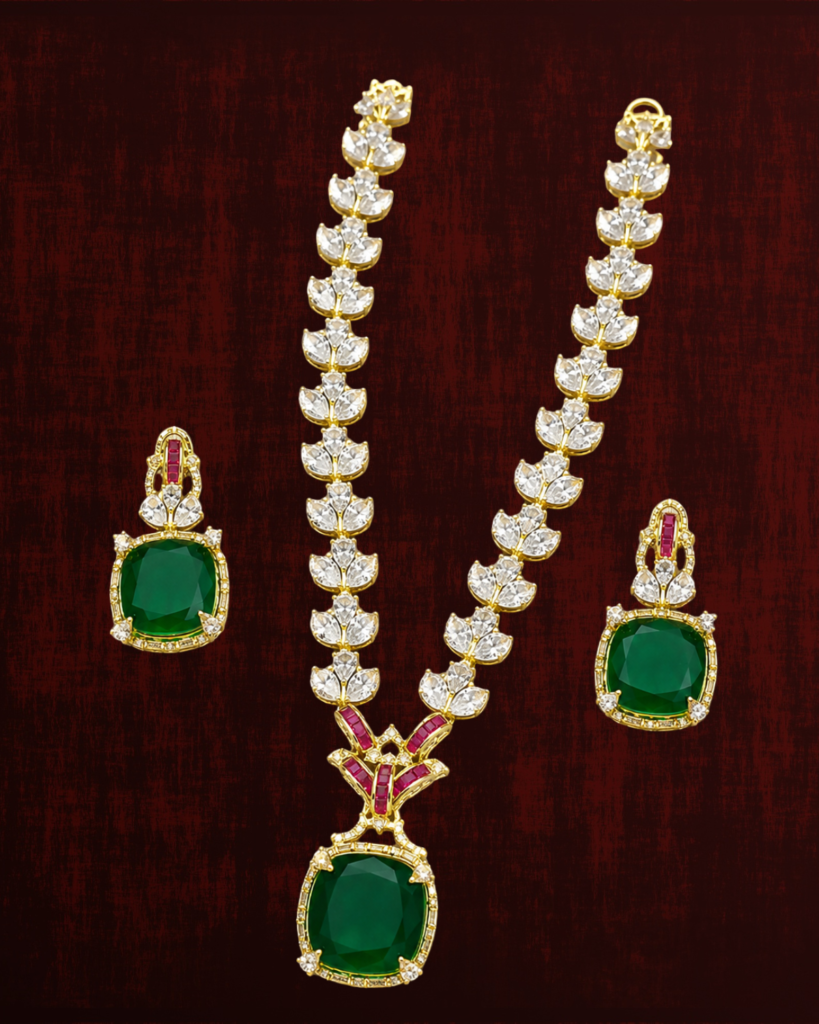Rageshvari Fashion Gold-Plated Emerald Green Crystal Pendant Necklace Set with Matching Stud Earrings for Women