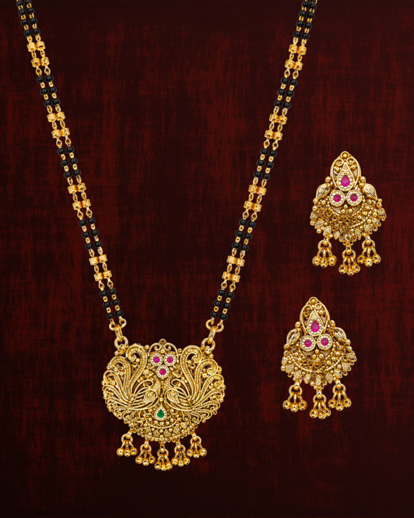 Rageshvari Fashion Gold-Plated Peacock Design Mangalsutra Set with Pink & Green Stone Pendant for Women