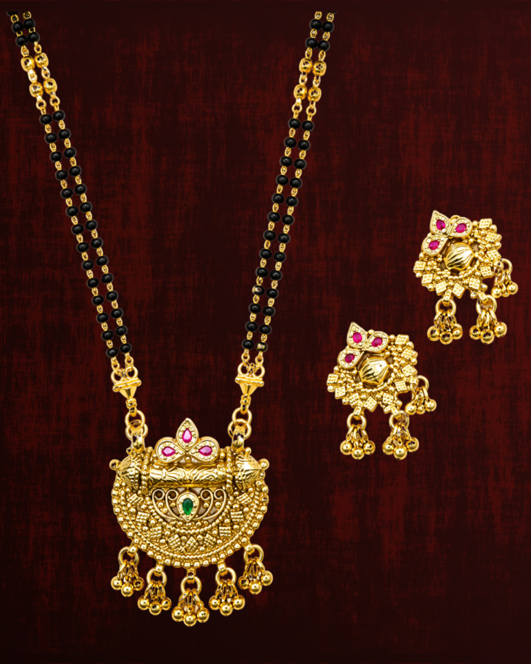 Rageshvari Fashion Gold-Plated Traditional Temple Mangalsutra Set with Pink & Green Stone Pendant for Women