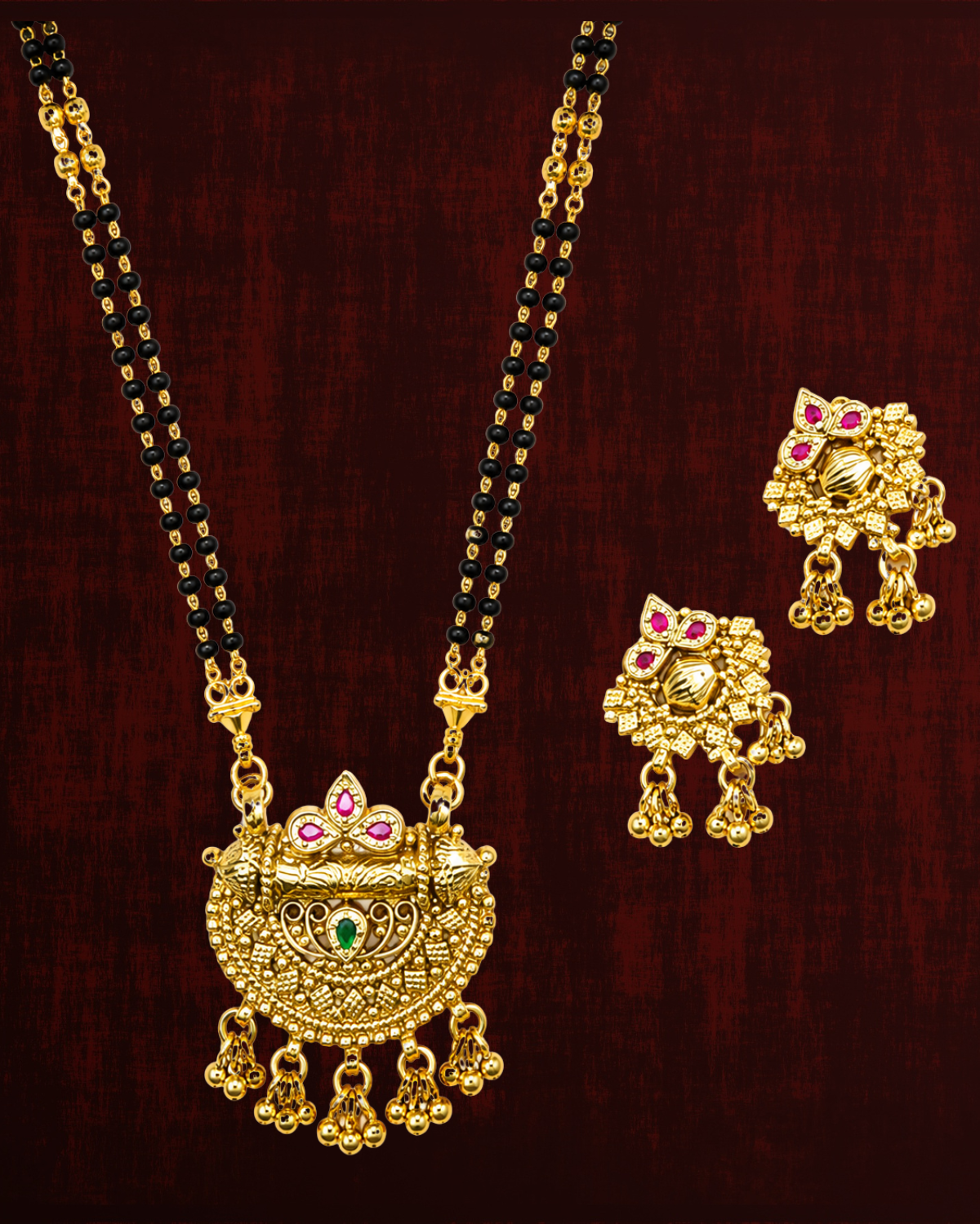 Rageshvari Fashion Gold-Plated Traditional Temple Mangalsutra Set with Pink & Green Stone Pendant for Women