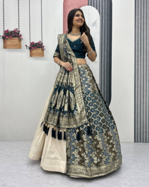 Rageshvari Creation Wedding Special Pure Shimmer Silk 4-Meter Flair Lehenga & Jacquard Saree Combo