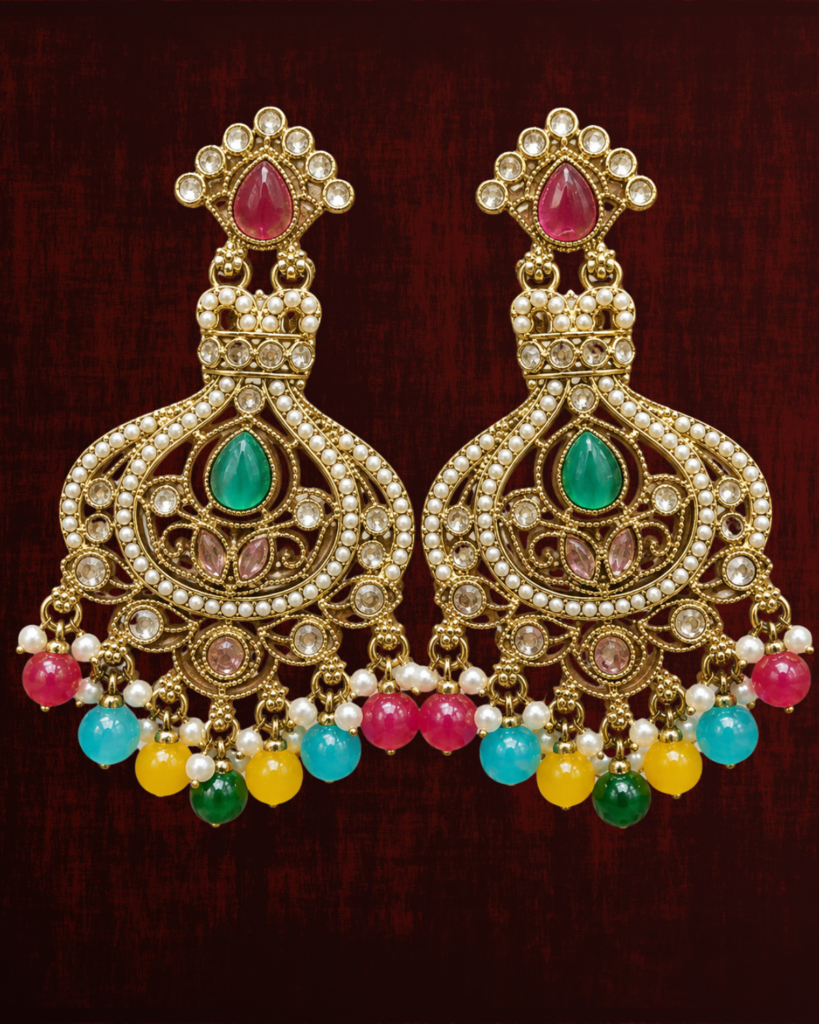 Rageshvari Fashion Gold-Plated Multicolor Chandbali Earrings with Pearl & Bead Drops for Women