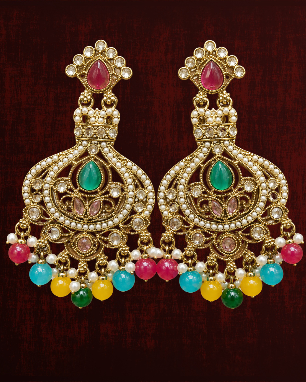 Rageshvari Fashion Gold-Plated Multicolor Chandbali Earrings with Pearl & Bead Drops for Women