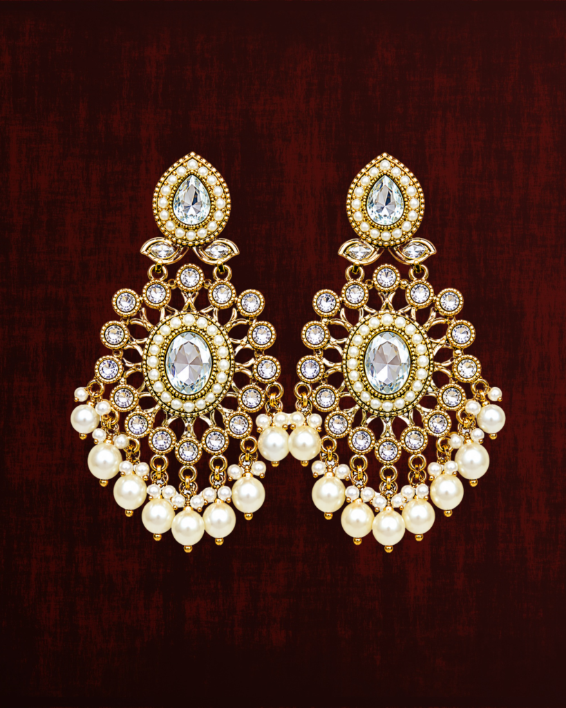 Rageshvari Fashion Gold-Plated American Diamond & Pearl Chandbali Earrings for Women