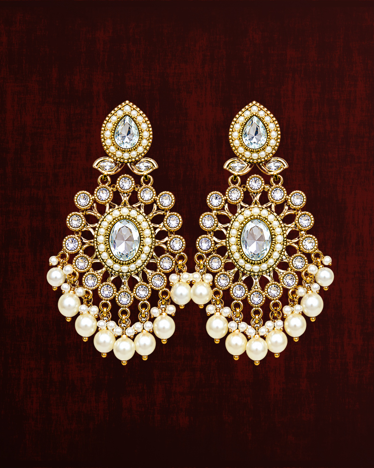 Rageshvari Fashion Gold-Plated American Diamond & Pearl Chandbali Earrings for Women