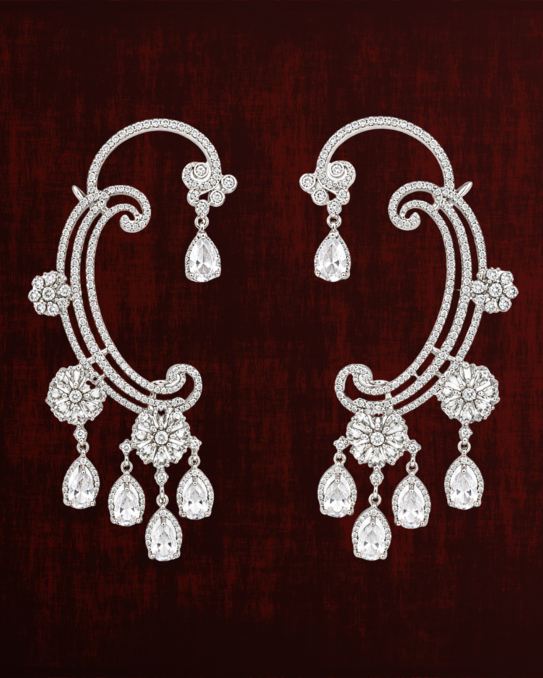 Rageshvari Fashion Silver-Tone American Diamond Ear Cuff Earrings with Floral Drop Design for Women