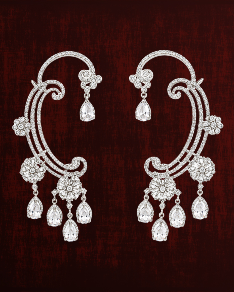 Rageshvari Fashion Silver-Tone American Diamond Ear Cuff Earrings with Floral Drop Design for Women