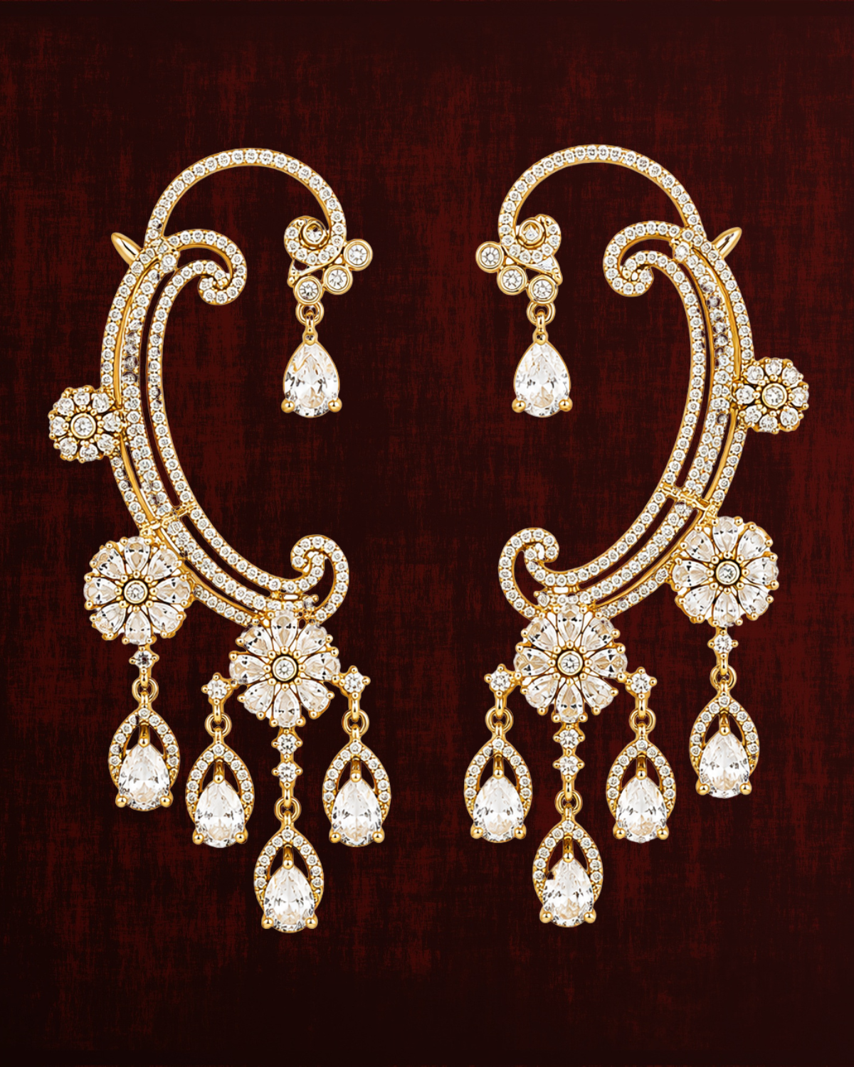 Rageshvari Fashion Silver-Tone American Diamond Ear Cuff Earrings with Floral Drop Design for Women - Image 3