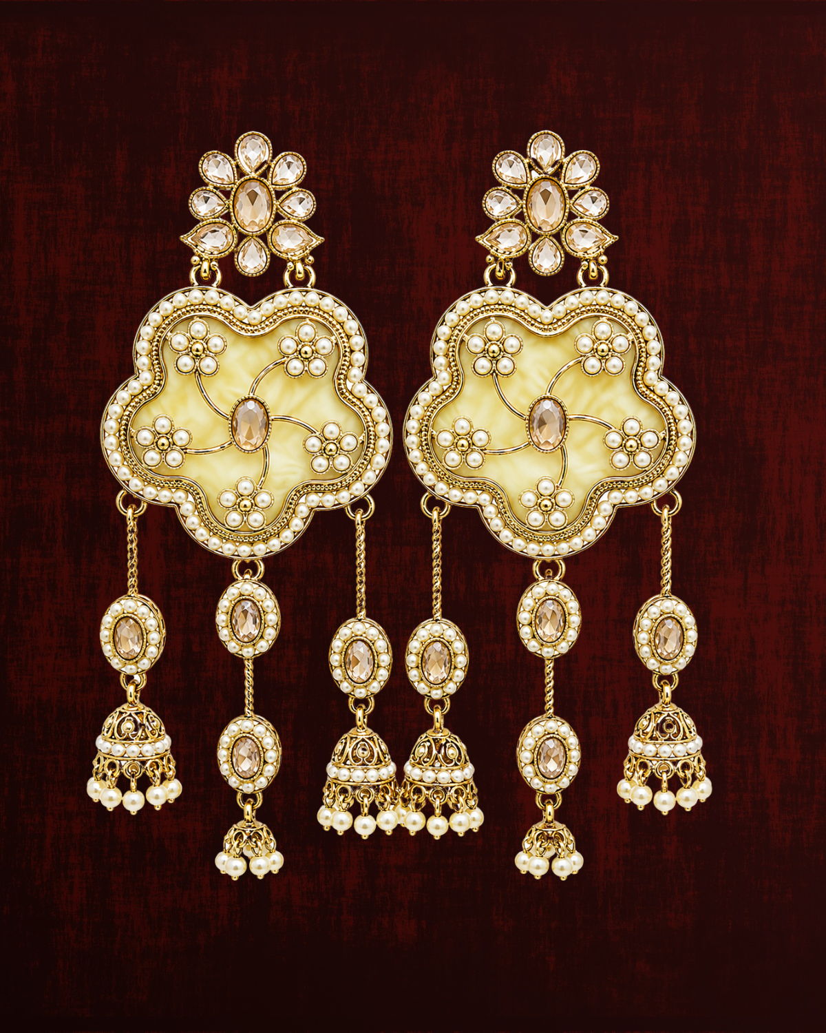 Rageshvari Fashion Floral Pearl Jhumka Drop Earrings with Champagne Crystal | Traditional Designer Earrings for Women - Image 4