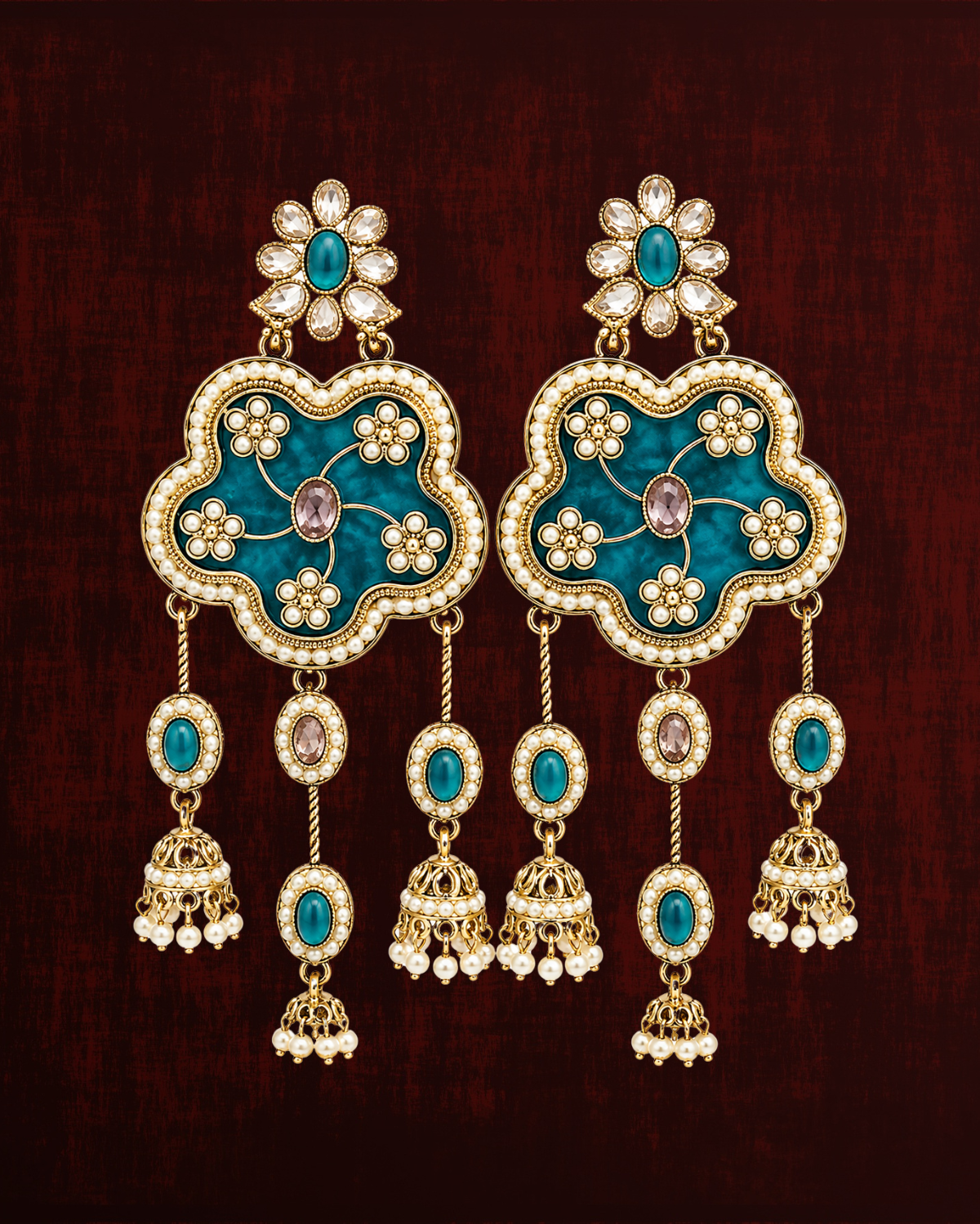 Rageshvari Fashion Floral Pearl Jhumka Drop Earrings with Champagne Crystal | Traditional Designer Earrings for Women - Image 3