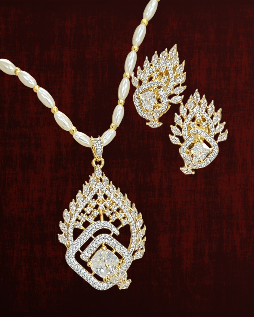 Rageshvari Fashion Elegant Pearl & Cubic Zirconia Pendant Necklace Set for Women | Gold-Plated Designer Jewellery Set