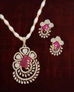 Rageshvari Fashion Gold-Plated Pearl Necklace Set with Ruby Pink Emerald-Cut Pendant & Matching Earrings for Women