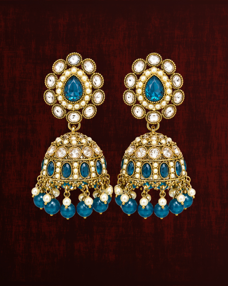 Rageshvari Fashion Royal Blue Kundan Jhumka Earrings with Pearl & Bead Drops | Traditional Gold-Plated Ethnic Earrings for Women