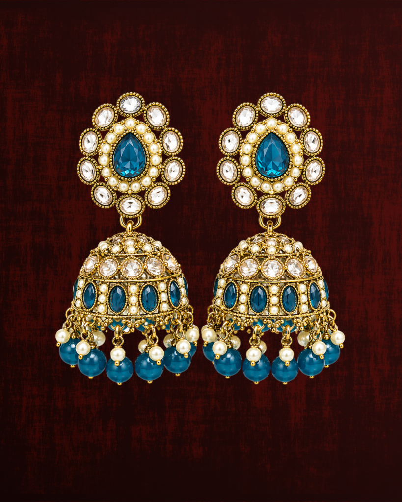 Rageshvari Fashion Royal Blue Kundan Jhumka Earrings with Pearl & Bead Drops | Traditional Gold-Plated Ethnic Earrings for Women