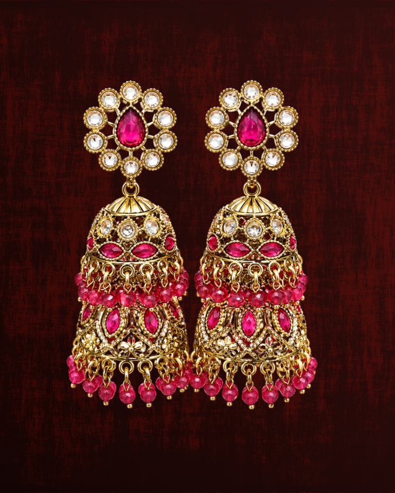 Rageshvari Fashion Ruby Pink Kundan Jhumka Earrings with Beaded Drops | Gold-Plated Traditional Ethnic Earrings for Women