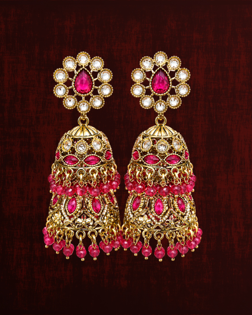 Rageshvari Fashion Ruby Pink Kundan Jhumka Earrings with Beaded Drops | Gold-Plated Traditional Ethnic Earrings for Women
