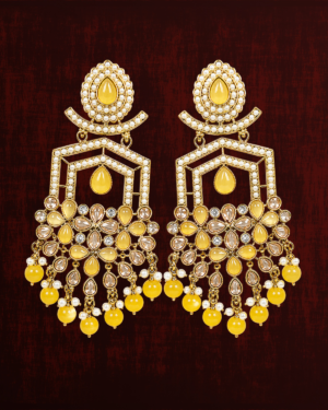 Rageshvari Fashion Yellow Kundan Statement Earrings with Pearl & Bead Drops | Gold-Plated Ethnic Designer Earrings for Women
