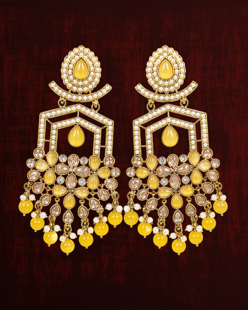 Rageshvari Fashion Yellow Kundan Statement Earrings with Pearl & Bead Drops | Gold-Plated Ethnic Designer Earrings for Women