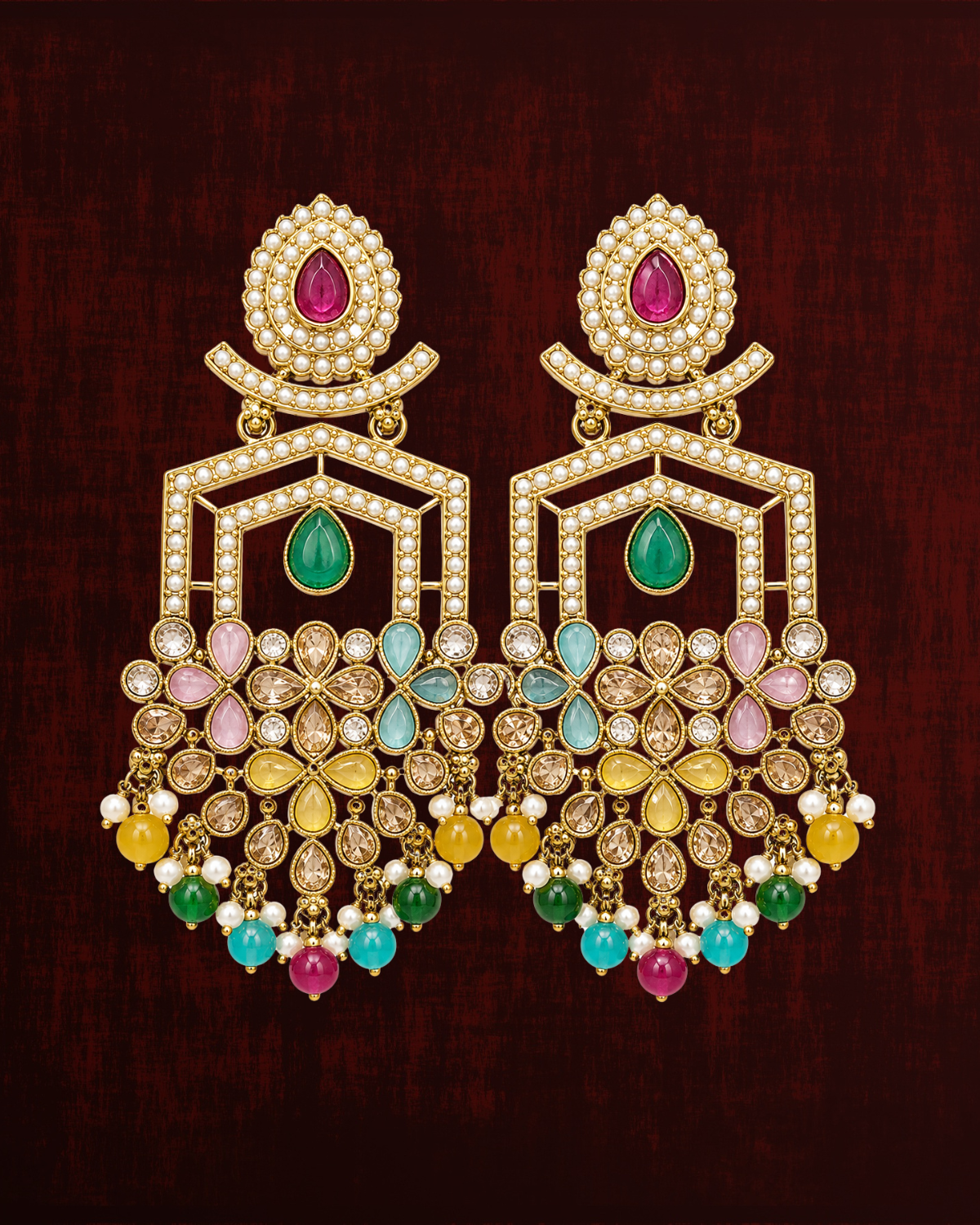 Rageshvari Fashion Yellow Kundan Statement Earrings with Pearl & Bead Drops | Gold-Plated Ethnic Designer Earrings for Women - Image 3