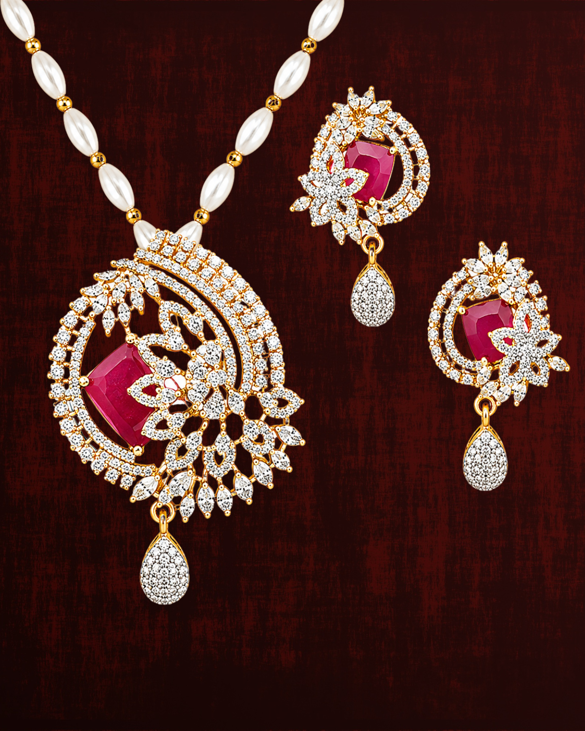 Rageshvari Fashion Gold-Plated Ruby Red American Diamond Floral Pendant Set with Pearl Chain & Matching Earrings