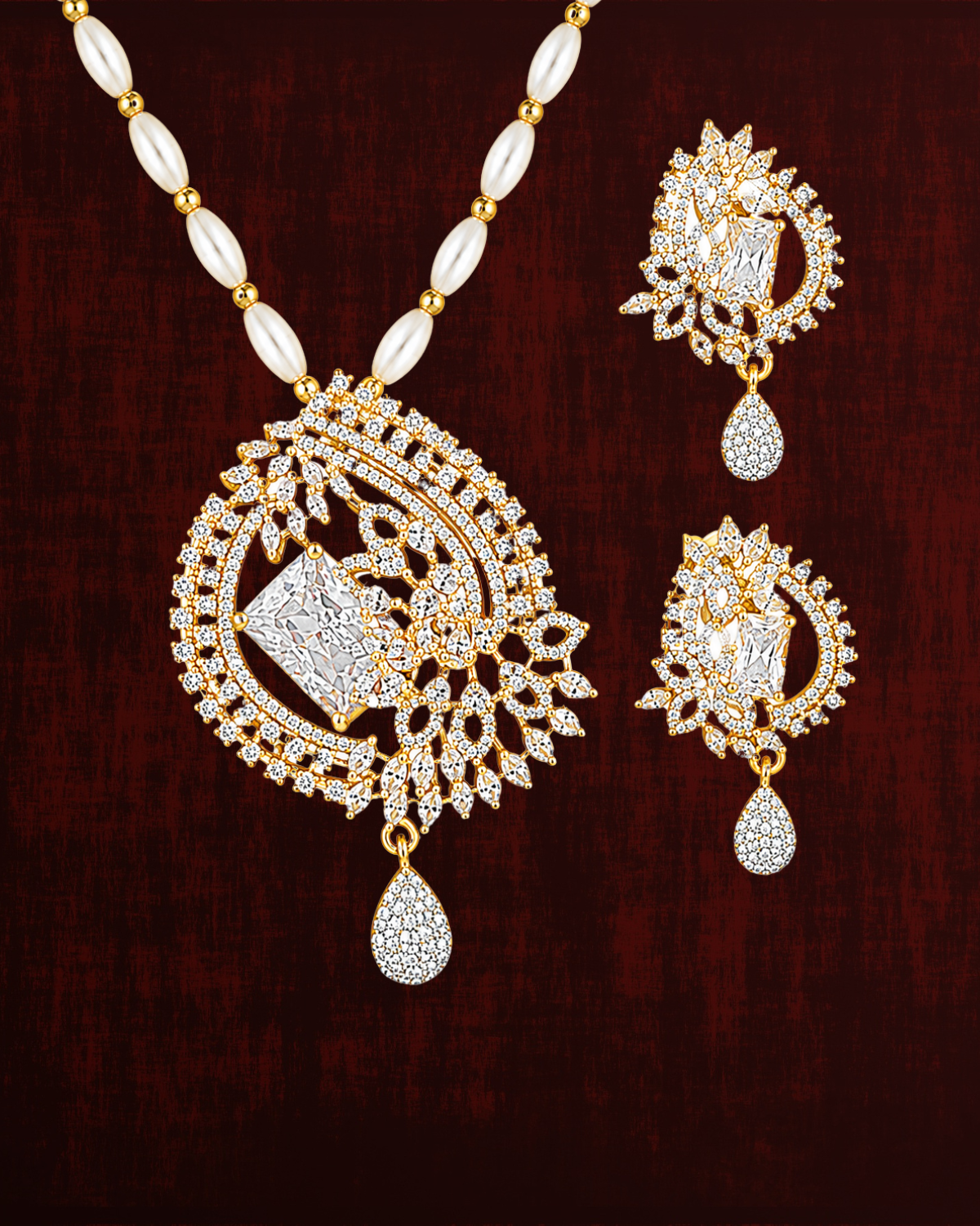 Rageshvari Fashion Gold-Plated Ruby Red American Diamond Floral Pendant Set with Pearl Chain & Matching Earrings - Image 3