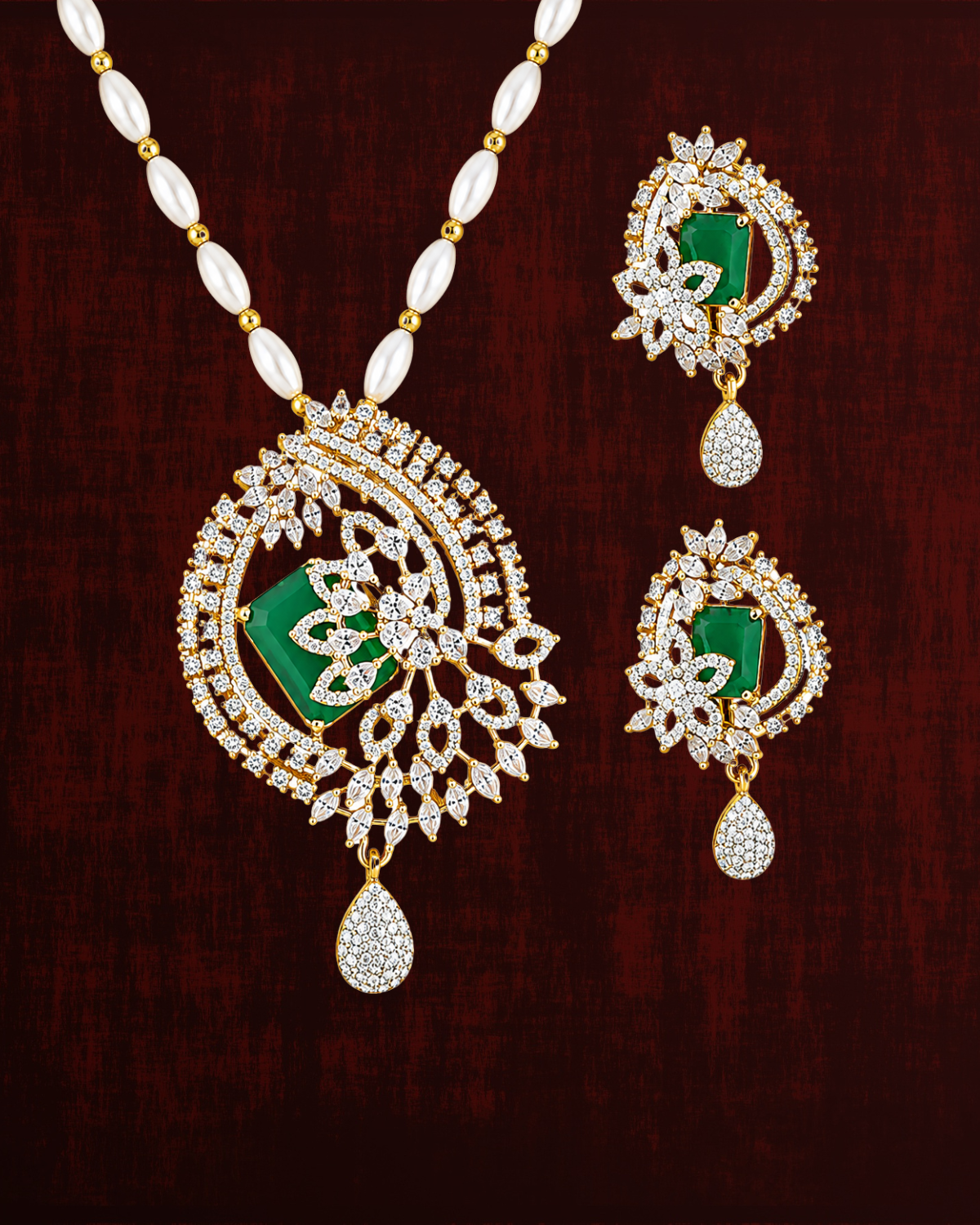 Rageshvari Fashion Gold-Plated Ruby Red American Diamond Floral Pendant Set with Pearl Chain & Matching Earrings - Image 2