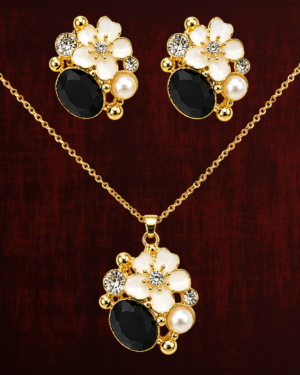 Rageshvari Fashion Gold-Plated Black Stone Floral Pendant Set with Pearl Accents & Matching Earrings | Elegant Designer Jewellery Set for Women