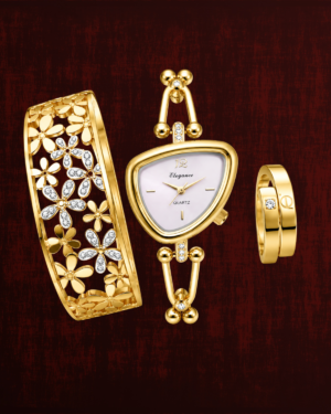 Rageshvari Fashion Luxury Gold-Plated Women's Quartz Watch with Floral Bracelet & Crystal Ring Gift Set