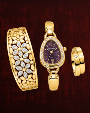 Rageshvari Fashion Luxury Gold-Plated Women's Watch, Bracelet & Ring Gift Set | Designer Crystal Watch Combo for Women