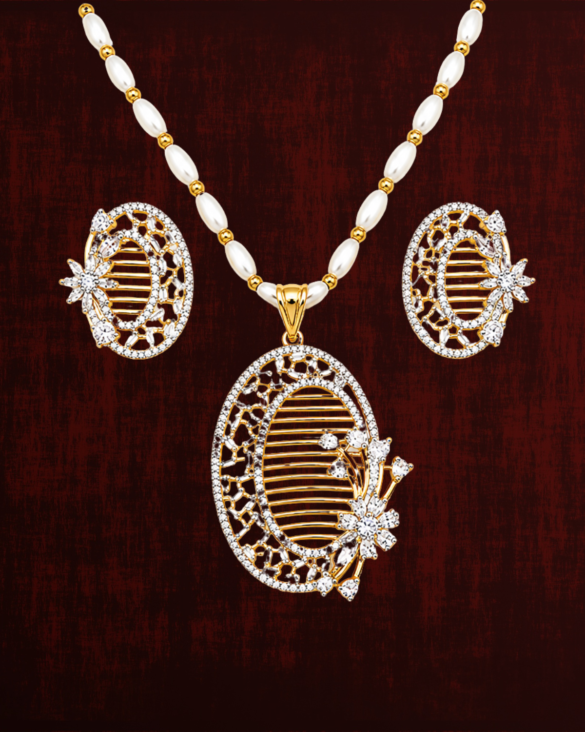 Rageshvari Fashion Silver-Tone Floral Oval Pendant Necklace Set with Matching Stud Earrings | American Diamond Jewellery Set for Women - Image 2