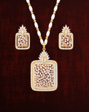 Rageshvari Fashion Rose Gold Square Pendant Necklace Set with Matching Stud Earrings | American Diamond Designer Jewellery Set for Women