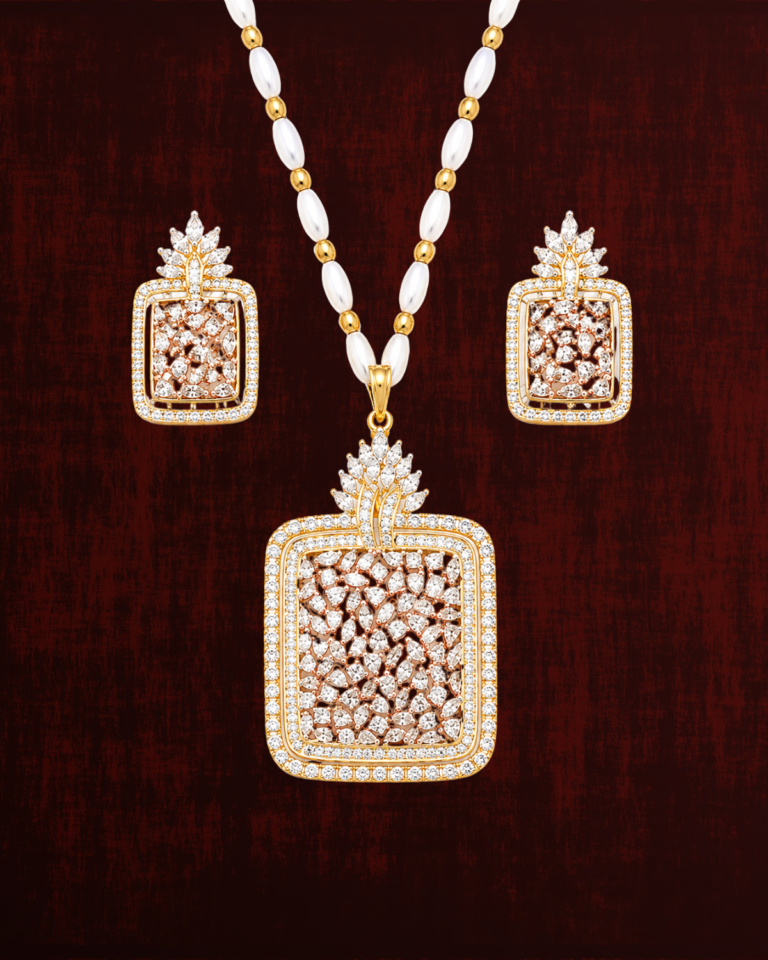 Rageshvari Fashion Rose Gold Square Pendant Necklace Set with Matching Stud Earrings | American Diamond Designer Jewellery Set for Women
