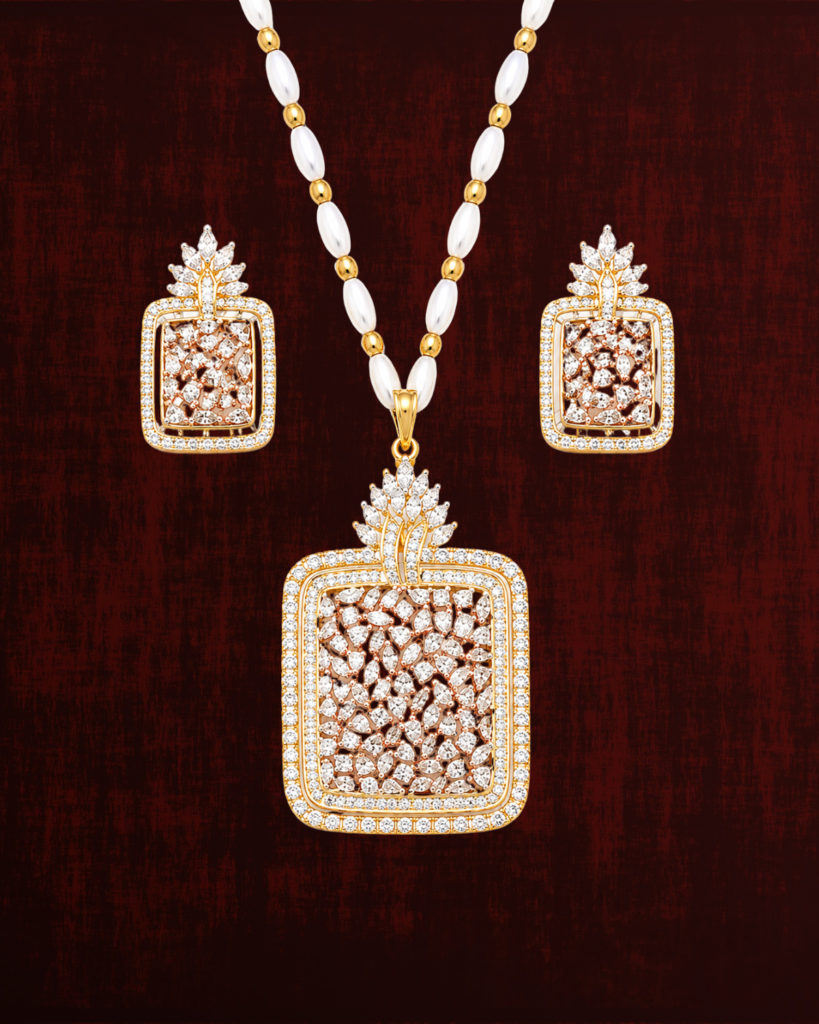 Rageshvari Fashion Rose Gold Square Pendant Necklace Set with Matching Stud Earrings | American Diamond Designer Jewellery Set for Women