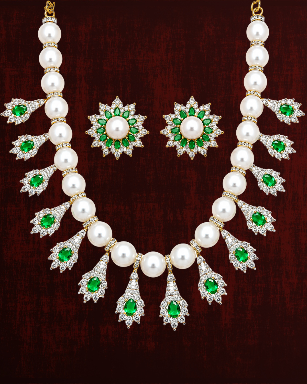 Rageshvari Fashion Royal Blue Pearl Statement Necklace Set with Floral Stud Earrings | Silver-Plated CZ Bridal & Party Wear Jewellery - Image 3